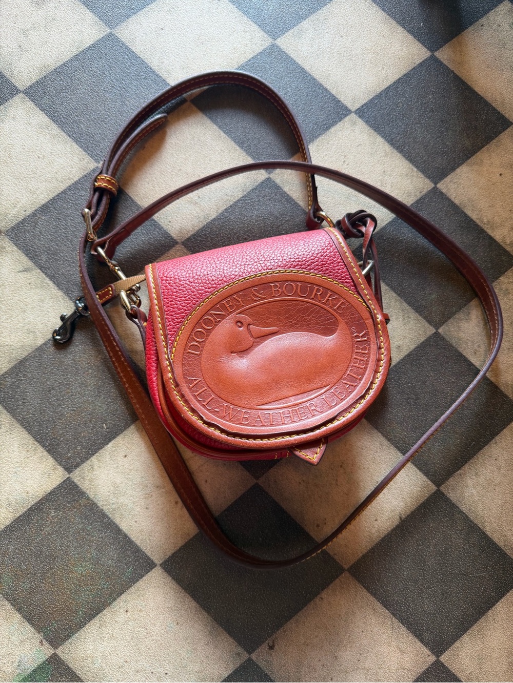 Dooney & Bourke Red Pebbled Leather Crossbody with Brown Trim